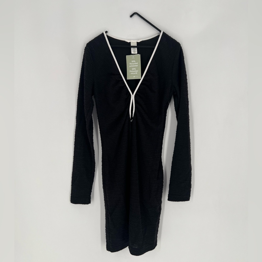 H&M Keyhole Detail Textured Boucle Deep V Long Sleeve Dress